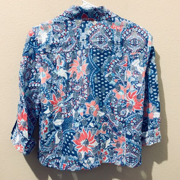 Ruby Rd. Women Button-Up Shirt Sz 6 Blue Multicolor Sheer Floral Collar Pockets - Picture 8 of 10